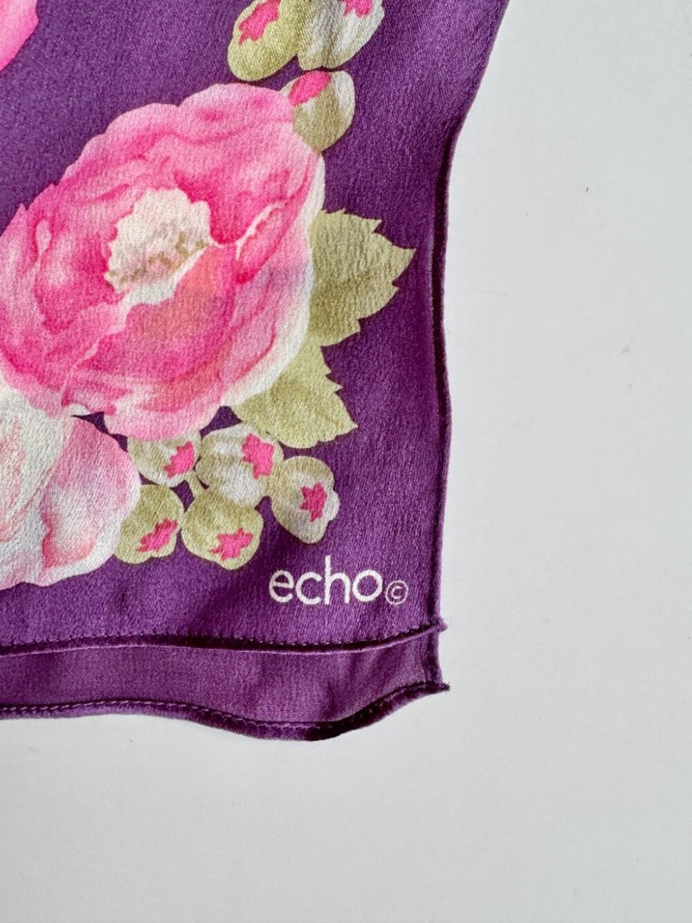 Vintage ECHO Purple Pink Floral Print Silk Charmeuse 59" x 9.5" Rectangle Scarf - Picture 6 of 9